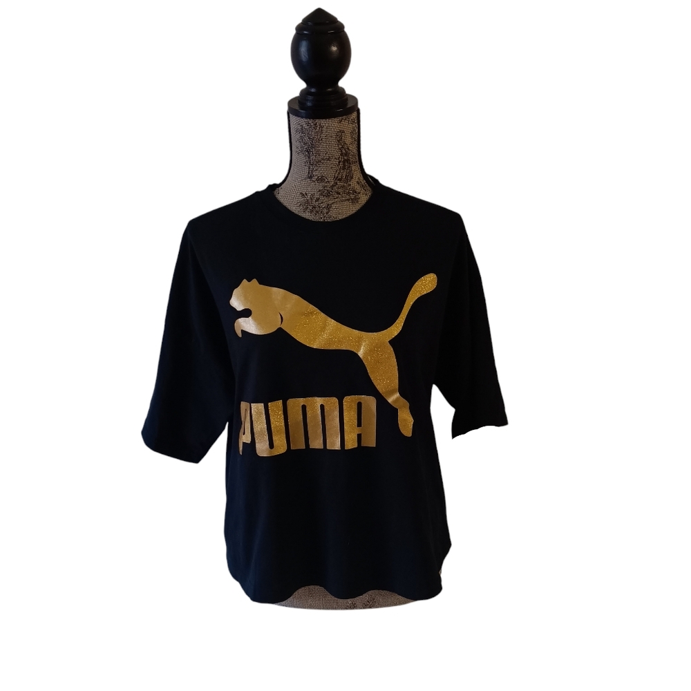 Puma women's black/gold short-sleeve cropped t-shirt size M